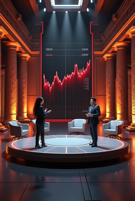 Create me the image of a news program in which on the back there is an image of a negative stock chart. All with a modern and hyper realistic Egyptian aesthetic