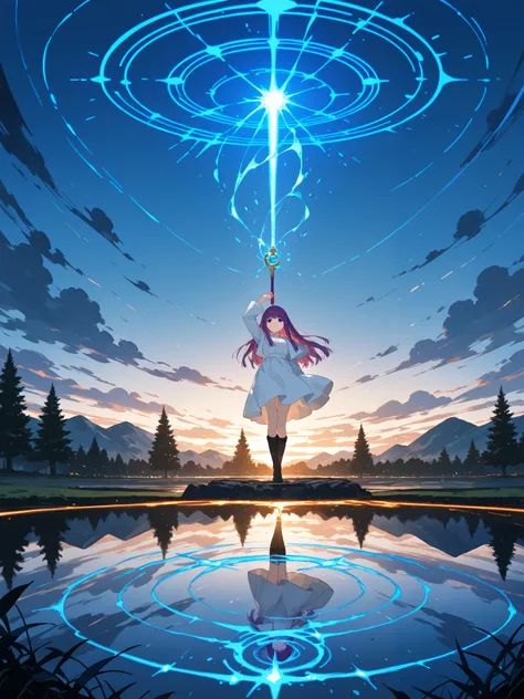 1girl\(fern \(sousou no frieren\),floating in the air, holds a wooden magic wand in her right hand, her looking at gazes ground into the distance,expressioness is calm and emotionless, extends her right hand and points the wand at gazes ground\),solo, behi...