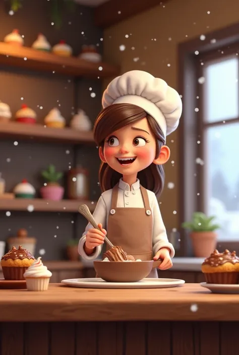 

“A cheerful 3D animation of a lively pastry chef inspired by a winter wonderland. She joyfully bakes in a cozy, wooden bakery with a snowy landscape outside. The shop is filled with warm lights and a rustic charm, featuring shelves of rich chocolate truf...