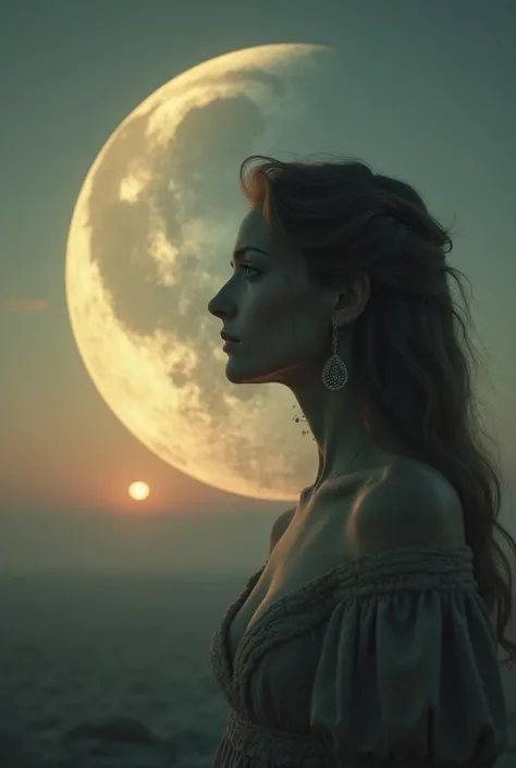  waning Moon with the look of a sad woman , Venus very close with a friendly look , the sun behind , in the distance 