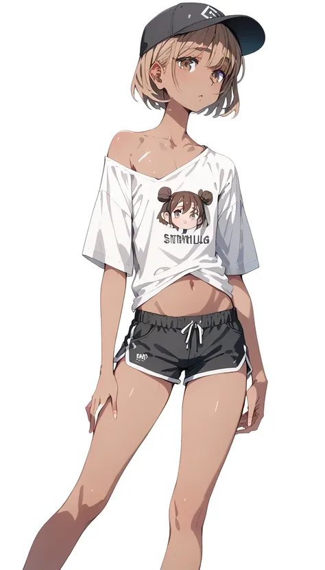 pt、 button， feminine body line，  flat chest，Femgirl ，  brown skin，score_9, score_8_ up the side, score_7_ up the side， short hair，men and women,white oversized sleeveless shirt,Thighs, shorts that stand on only your feet, no bra, chest flyer,Black Cap, Det...