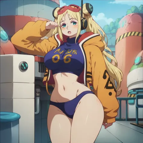 score_9, score_8_up, score_7_up, score_6_up, score_5_up, score_4_up, 1girl, blonde hair, long hair, double bun, headphones, aqua eyes, freckles, large breasts, wide hips, high quality, masterpiece,  