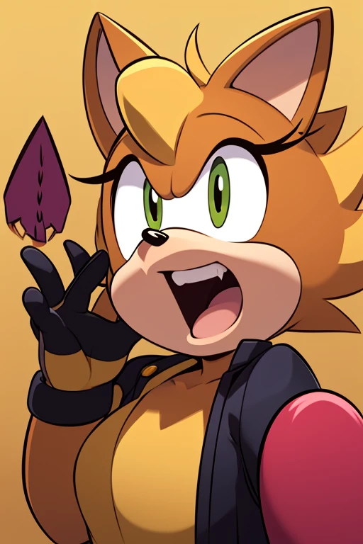  An anthropomorphic hedgehog ,  inspired by the world of Sonic ,  light brown fur ,  yellow-eyed,  short hair raised upwards ,  two locks on her forehead ,  two locks covering her cheeks ,  a gold earring on her left ear,  almost like Amy rose ,  black glo...