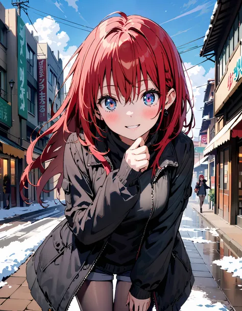 Kurosaki's thing , stupid hair,  blue eyes, Alone, braided,  hair intake, long hair, Red Hair, hair  braided,smile,blush, open their mouths, White Breath, down coat,black scarf , shorts that stand on only your feet,( sweater:1.2),( turtleneck:1.2),rib tigh...