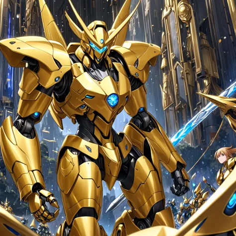  Masterpiece,  top quality、 giant robot that uses alchemy 、Humanoid、golden armor 、 in one {x} fantasy world、A 。