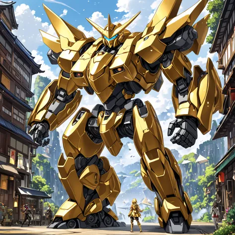  Masterpiece,  top quality、 giant robot that uses alchemy 、Humanoid、golden armor 、 in one {x} fantasy world、A 。