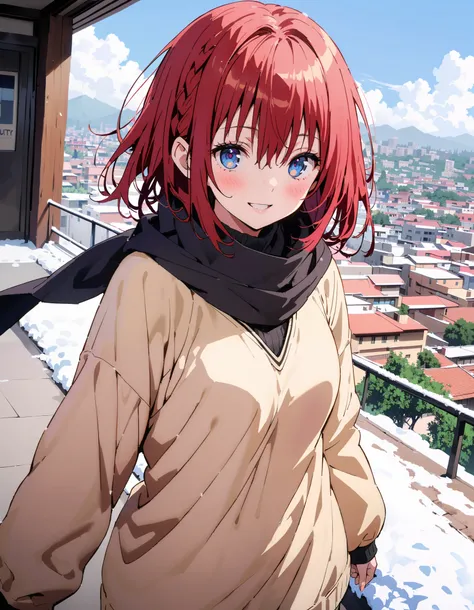 Kurosaki's thing , stupid hair,  blue eyes, Alone, braided,  hair intake, long hair, Red Hair, hair  braided,smile,blush, open their mouths, White Breath, down coat,black scarf , shorts that stand on only your feet,( sweater:1.2),( turtleneck:1.2),rib tigh...