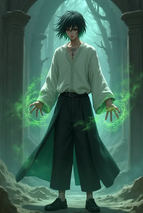 Play a Kaisen jujutsu wizard who wears a white sweater, black pants with black shoes, black hair with shades of green and has a scar on his neck 