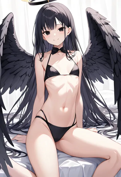  black hair、 black eyes、 girl 、   small breasts、   long hair、   Black Angel Wings、  Fallen Angel、 girl 、   small breasts、   bright smile、Good physique 、      flat chest 、   girl、   he's short、      thighs、