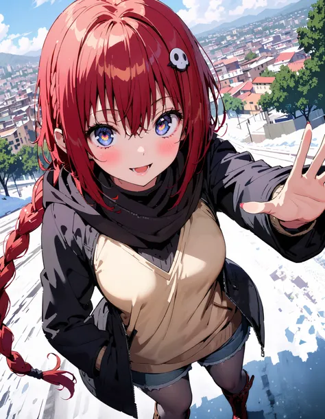 Kurosaki's thing , stupid hair,  blue eyes, Alone, braided,  hair intake, hair ornament, long hair, Red Hair, hair  braided,smile,blush, open their mouths, White Breath, down coat,black scarf , shorts that stand on only your feet,( sweater:1.2),( turtlenec...
