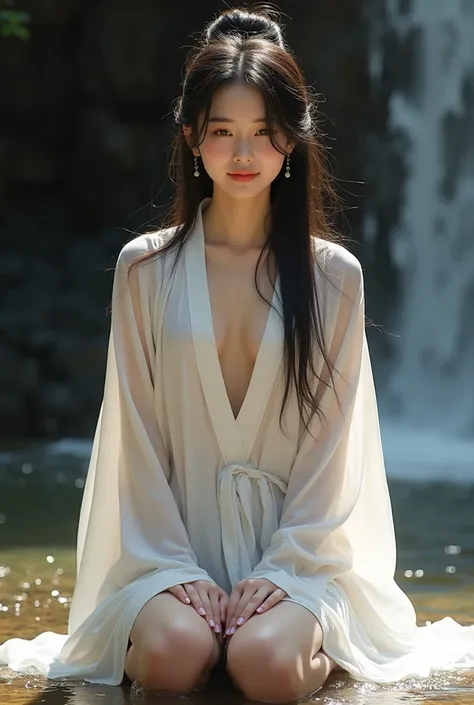  I would like to create a gif with the following content :  an Asian girl with a beautiful body in a traditional white tunic ,  bare feet pink lotus heels , Smooth white skin ,  face balanced with coconut vertical nose bridge ,  long hair across her back s...