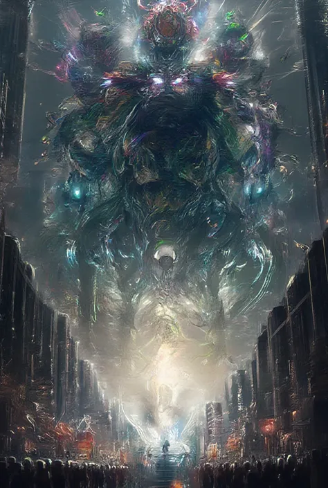 Giant 9-headed mecha hydra, each head is a different color and is separated from the torso, invading a big city