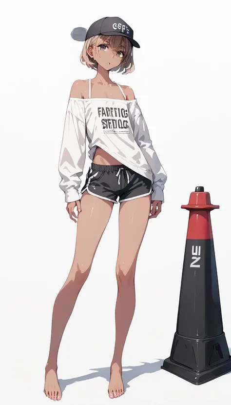 pt、 button， feminine body line，  flat chest，Femgirl ，  brown skin，score_9, score_8_ up the side, score_7_ up the side， short hair，men and women,white oversized sleeveless shirt,Thighs, shorts that stand on only your feet, no bra, chest flyer,Black Cap, Det...