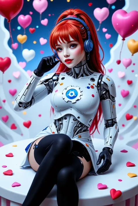 a fantasy land full of valentine hearts, a sexy cute curvy anime robot scantily clad woman with grayish white robot skin, lying down on a heart shaped bed, ((pink cheek dots1.3)), biting lower lip, big smile, long red hair with a single side ponytail, ligh...