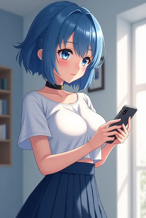 Generate a beautiful anime girl with big sized boobs, with blue eyes and beautiful body with mid-short blue hair, 20 years old, using a white neckline, and a collegial skirt, she is looking to her phone imagining something, she's also using a tight thin ne...