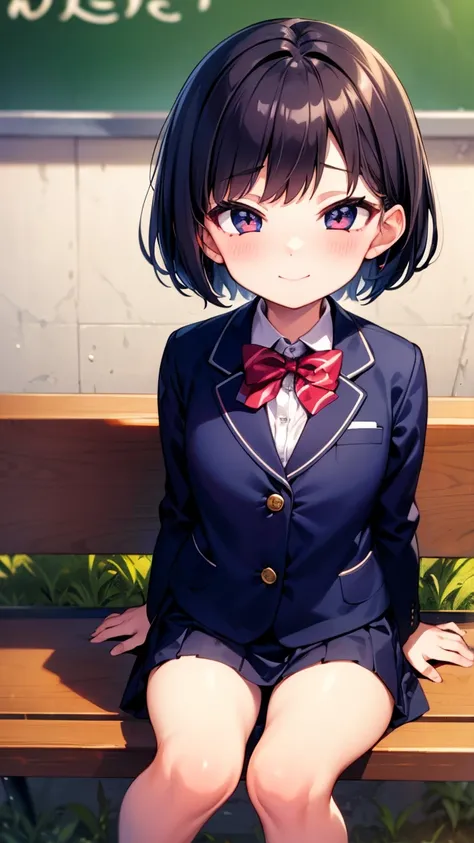  1 girl　Shy girl　 elementary school students　 short　 sitting on a park bench 　 short bob　 black hair　Small hands　Small feet　  thin legs　Short legs　Big Face　Narrow shoulders　 has big eyes　 very big eyes 　Sparkling Eyes　 charming eyes　 navy blue blazer　 navy...