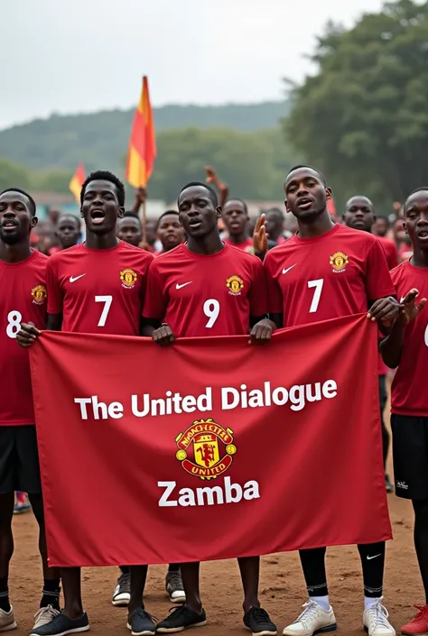 A group of Zambian Manchester United fans, all of Negroid race, wearing red Manchester United jerseys with names and numbers (7 Chibotu, 9 Mwanza, 10 K., 11 Kenny, 8 Benson, 6 Kashita) on their shirts and shorts. They are singing and holding a large banner...