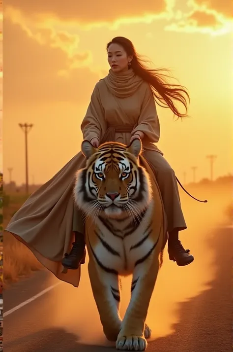 "A beautiful young Asian woman in a hijab wearing a long neutral dress, sits gracefully on a large white Siberian tiger. She rides it confidently on a dusty road at sunset, creating a mystical and epic atmosphere. Her hands are holding the tiger's reins. H...