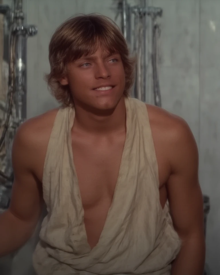 “A smile Luke Skywalker in a shower room. He leans against the wall, wearing only a towel wrapped around his waist. Steam fills the air, and water droplets glisten on his bare skin. The atmosphere is warm and serene, with soft lighting reflecting off the w...