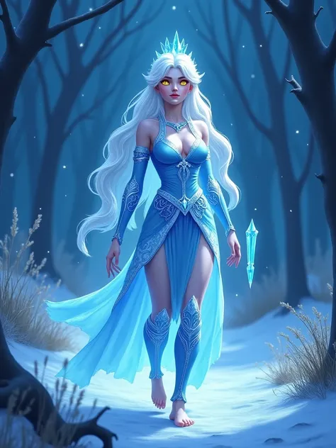 Ice princess , ice skin , ice hair, yellow eyes, big chest, big cleavage , ice war clothes , barefoot free legs , ice anklets , has a long ice bar with a blue crystal on the end. walk in the ice forest , with ice trees, ice grasses , ice plants , in the ni...