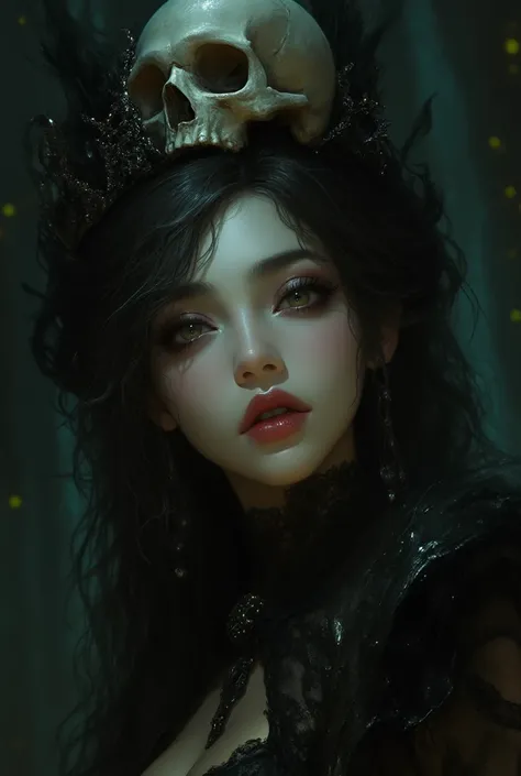 a close up of a woman with a skull and a crown on her head, gothic fantasy art, gothic art, beautiful necromancer girl, beautiful elegant demon queen, gothic art style, dark fantasy mixed with realism, beautiful necromancer, detailed matte fantasy portrait...