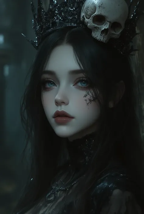 a close up of a woman with a skull and a crown on her head, gothic fantasy art, gothic art, beautiful necromancer girl, beautiful elegant demon queen, gothic art style, dark fantasy mixed with realism, beautiful necromancer, detailed matte fantasy portrait...