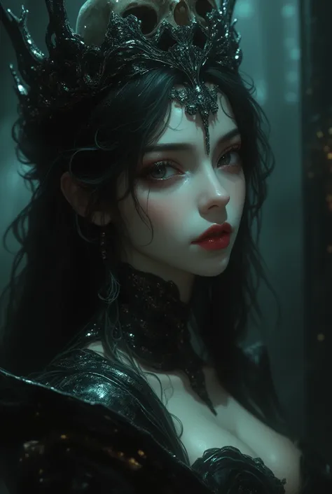 a close up of a woman with a skull and a crown on her head, gothic fantasy art, gothic art, beautiful necromancer girl, beautiful elegant demon queen, gothic art style, dark fantasy mixed with realism, beautiful necromancer, detailed matte fantasy portrait...