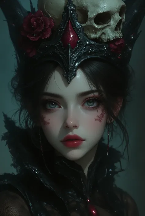 a close up of a woman with a skull and a crown on her head, gothic fantasy art, gothic art, beautiful necromancer girl, beautiful elegant demon queen, gothic art style, dark fantasy mixed with realism, beautiful necromancer, detailed matte fantasy portrait...