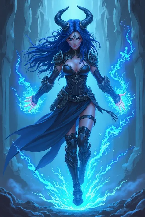 An anime female demon warrior blue lights