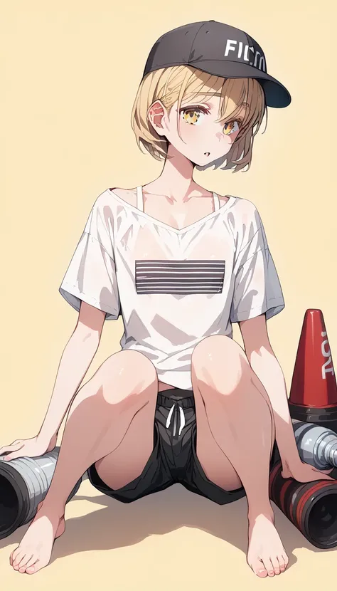 pt、 button， feminine body line，  flat chest，Femgirl ，  brown skin，score_9, score_8_ up the side, score_7_ up the side， short hair，men and women,white oversized sleeveless shirt,Thighs, shorts that stand on only your feet, no bra, chest flyer,Black Cap, Det...