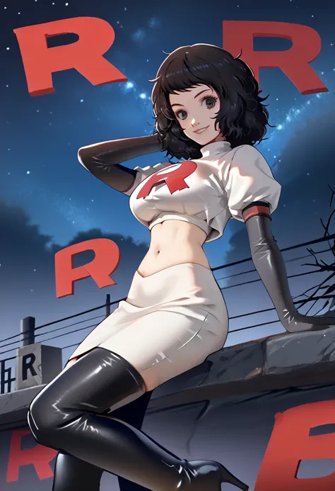 Team rocket, team rocket uniform, red letter R, white skirt,white crop top,black thigh-high boots, black elbow gloves, evil smile, night sky background, large breasts, high-heeled boots, Sadayo Kawakami, black hair,