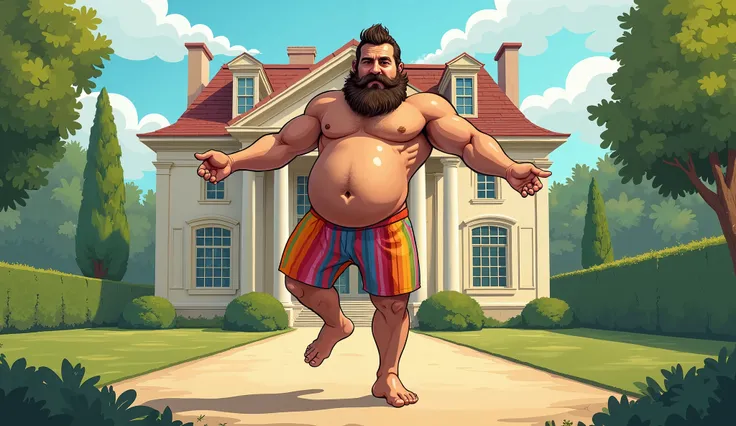  a cartoon-style illustration of a slightly plump man, with a very hairy whole body and with a very well trimmed beard, dressed only with rainbow shorts, barefoot, with a very hairy torso and chest , very hairy arms and legs , Dancing classical ballet in t...