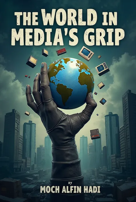 make me a picture of the cover of a book entitled " The World In Media's Grip" by Moch Alfin Hadi 