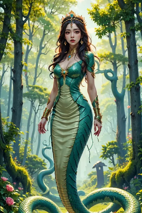 night， A flirtatious Egyptian queen in the Dark Forest，skull crown  ，  snakeskin dress  ， Snake tail，  red eyes。，peony，lightning，Unknown Clouds ，Tombstone Forest 