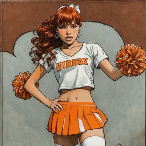  create a realistic painting of an American soccer cheerleader with wavy cherry red hair,  fringe and hime cut , Medium brown skin ,  using a cropped orange and white top with sparkles and the writing  "RHYNOS " At the center of the top ,  at the bottom we...