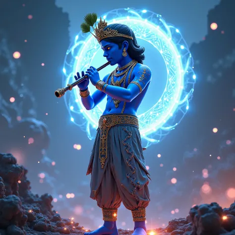 A futuristic depiction of Lord Krishna, blending mythology with advanced technology. Krishna has glowing blue skin with an ethereal cosmic aura. His traditional peacock feather crown is infused with neon and holographic elements. He wears a high-tech armor...