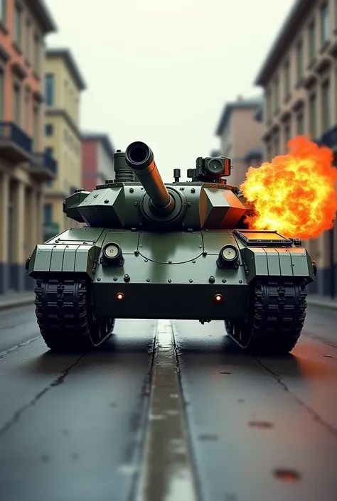 there is a tank that is sitting on the ground in the street, a tilt shift photo by Artur Tarnowski, trending on pixabay, photorealism, tank, massive tank, futuristic tank is on fire, tanks, tank has a large solid cannon, futuristic battle tank, class tank,...