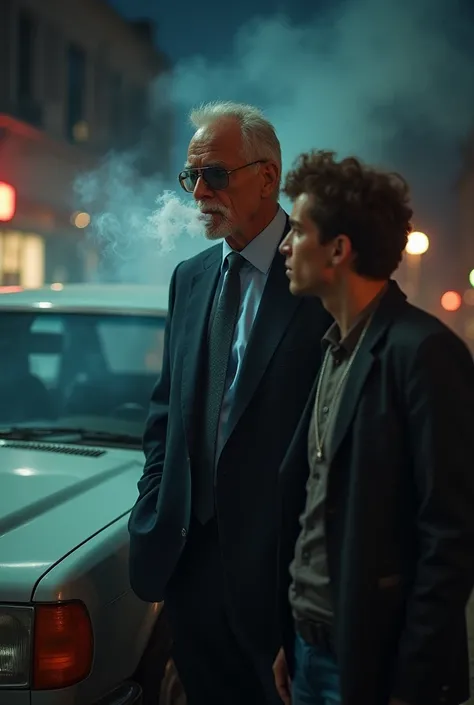 A man is standing beside a light grey car, smoking, with a lot of sigarette smoke surrounding him. He is in his 60s, slender but strong, wears a suit and thin-rimmed glasses, looks like an undercover cop. He is smirking. It's night out, around are bars, he...