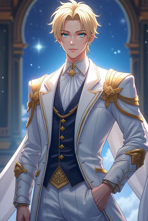 Create me an image in the Korean manwha fanart style with a 20-year-old man of Japanese origin with blue eyes and short blond hair with a bitter look with a very muscular body wearing an elegant noble suit but at the same time a white armor with gold detai...