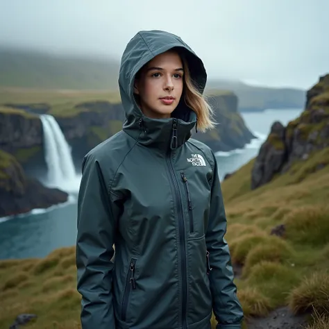 She's wearing a cold suit from The North Face, Faroe Islands landscape. 