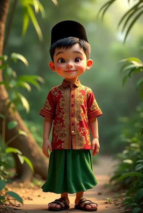 a boy wearing a Malay shirt, a songkok, and a green skirt.
