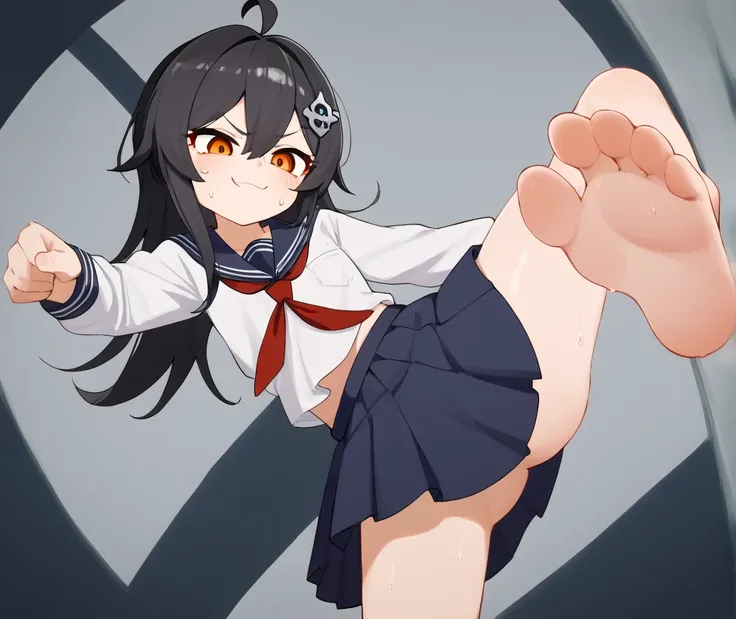 A girl showing her feet，One-leg stand， low angle，Sweating soles of feet，Bangs between eyes，school uniform, white shirt ，long sleeve， orange eyes，blue skirt ， long hair，  black hair , silver hair ornament ，Smirk，Aho, ahoge