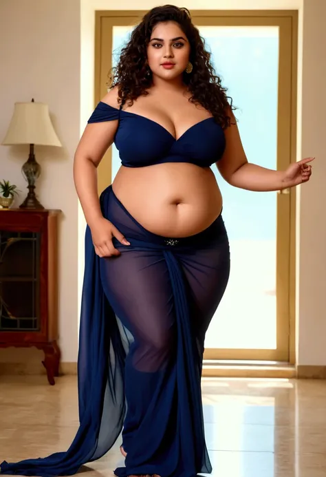 A thick BBW curvy sexy glamorous girl with pretty face blue eyes long brown curly hair style full cosmetics makeup wide hips thick big thighs is wearing lowwaist line open shoulder navy blue transparent indian style chiffon mini dark brown open Saree showi...