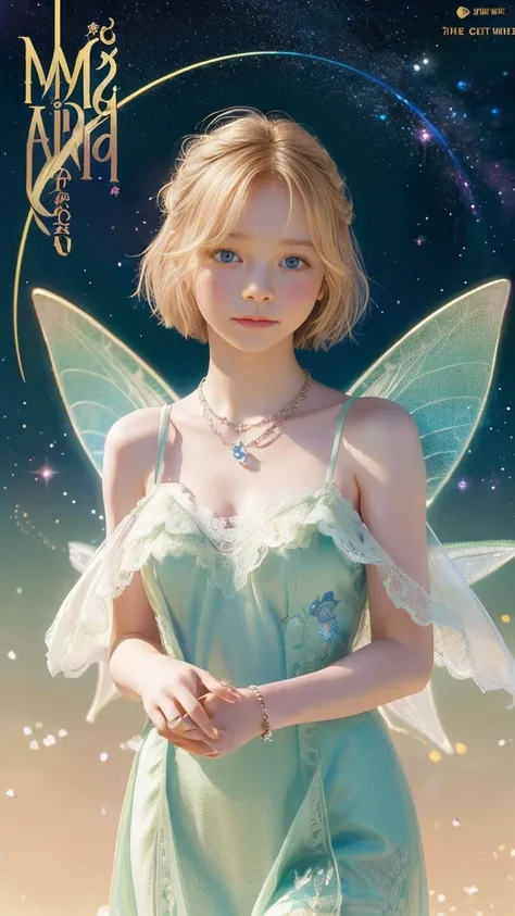 Emma Myers,  absurd,  top quality, 1 girl, Alone,  bright blonde ,  necklace, (simple space background), ( art nouveau style poster),  watches viewers, Intense Perspectives , Playing with the camera, （ mid-length bangs、 shown from head to foot 、whole body、...