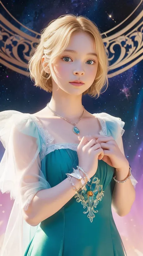 Emma Myers,  absurd,  top quality, 1 girl, Alone,  bright blonde ,  necklace, (simple space background), ( art nouveau style poster),  watches viewers, Intense Perspectives , Playing with the camera, （ mid-length bangs、 shown from head to foot 、whole body、...