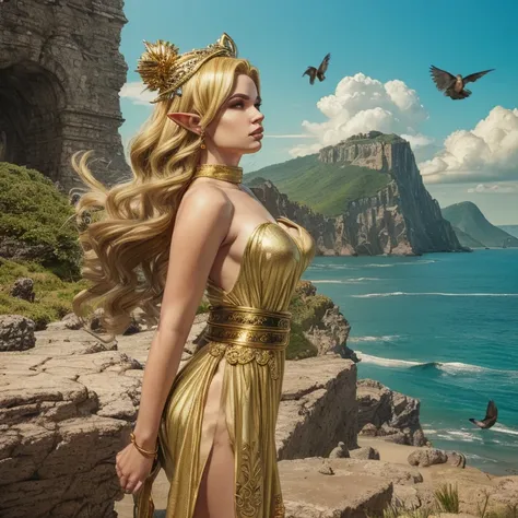 female,woman,elf girl,elf ears,pointy ears,blonde hair,long hair,half updo,gold headpiece,parted lips,blue eyes,detailed eyes,high neck dress,green dress,sleeveless,gold embroidery,bare shoulders,armlet,gladiator sandals,full body,prayer pose,ocean,waves,m...