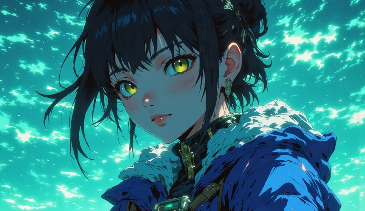 (( RAW photo), absurdo, ( absurd resolution)), masterpiece, envelopes , ( Extremely detailed 8k unit CG wallpaper), ( best illustration), ( Best Tone ), realistic lighting , detailed and beautiful glitter, (( 20 years)), blue jacket , collar...