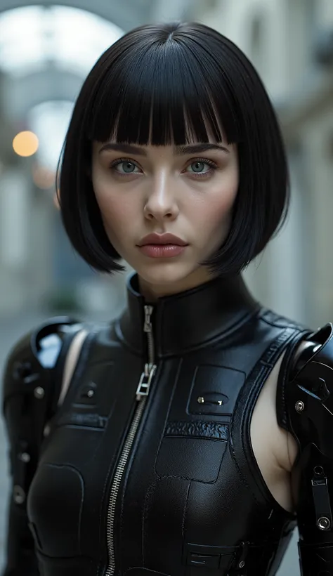 cgi render front view portrait of a black haired goth robot woman in a utopian world