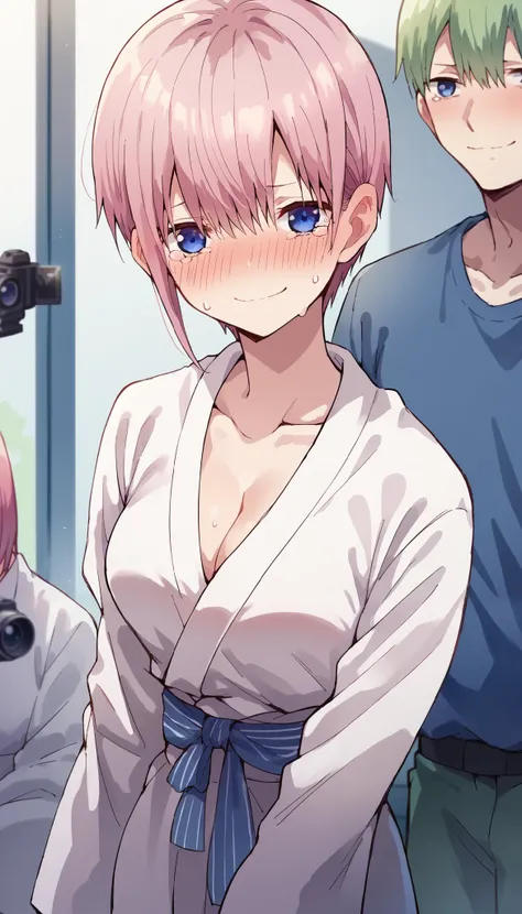 nsfw,Score_9, Score_8_up, Score_7_up, sauce_anime,
ichika nakano, Nakano Ichika, short hair, bangs, blue eyes, Hair between the eyes, Pink Hair, 
1girl, white Bathrobe, bottomless, cleavage, large breasted, barelegs, barebottom:1.5, standing, looking at vi...