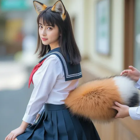 ((  top quality , 8k)), ((Juliet sleeve 1 brown haired girl)), ((  photorealistic)), (Masterpiece),  perfect face , ((Woman with fox ears )), ((That woman has a tail )), foxgirl, (Her tail is big  ), ( That beautiful woman is smiling), She's a patient  ,  ...